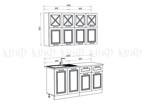 Кухонный Гарнитур Кармен New  №4 МДФ 1600 мм (Высота верхних ящиков 900 мм)